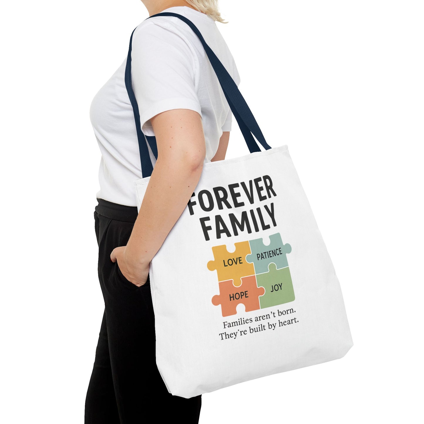 Forever Family Puzzle Piece Tote Bag - Love, Hope, Joy Design