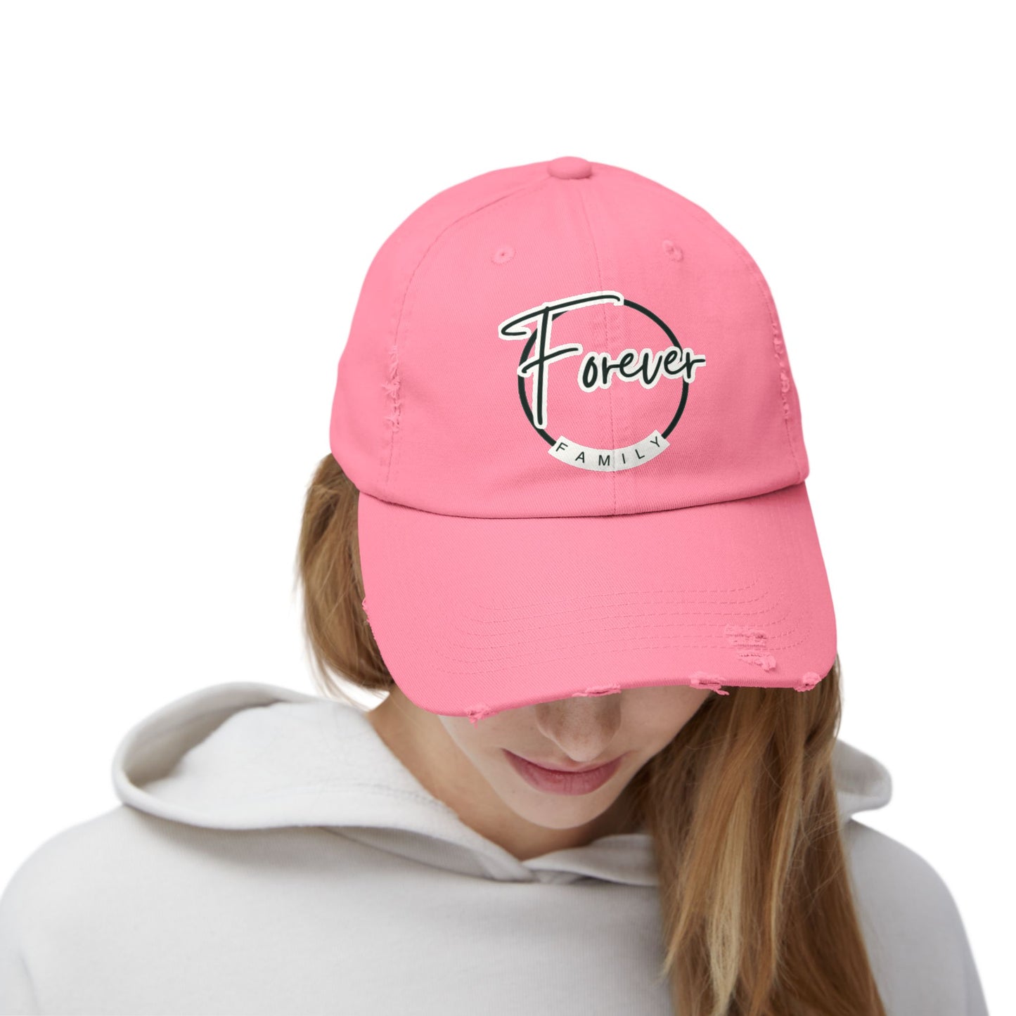 Forever Family Distressed Cap — Vintage Baseball Hat with Script Logo