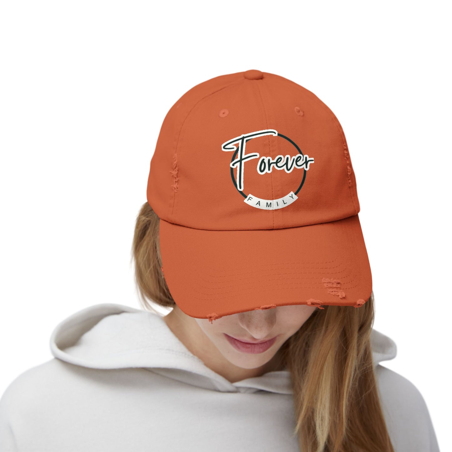 Forever Family Distressed Cap — Vintage Baseball Hat with Script Logo