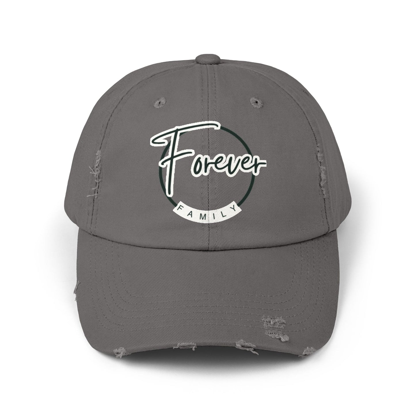 Forever Family Distressed Cap — Vintage Baseball Hat with Script Logo