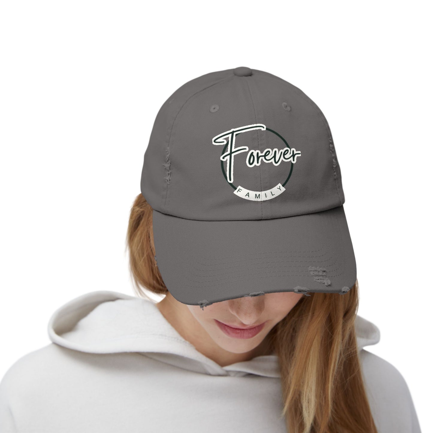 Forever Family Distressed Cap — Vintage Baseball Hat with Script Logo