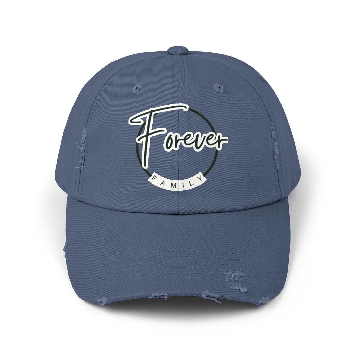 Forever Family Distressed Cap — Vintage Baseball Hat with Script Logo