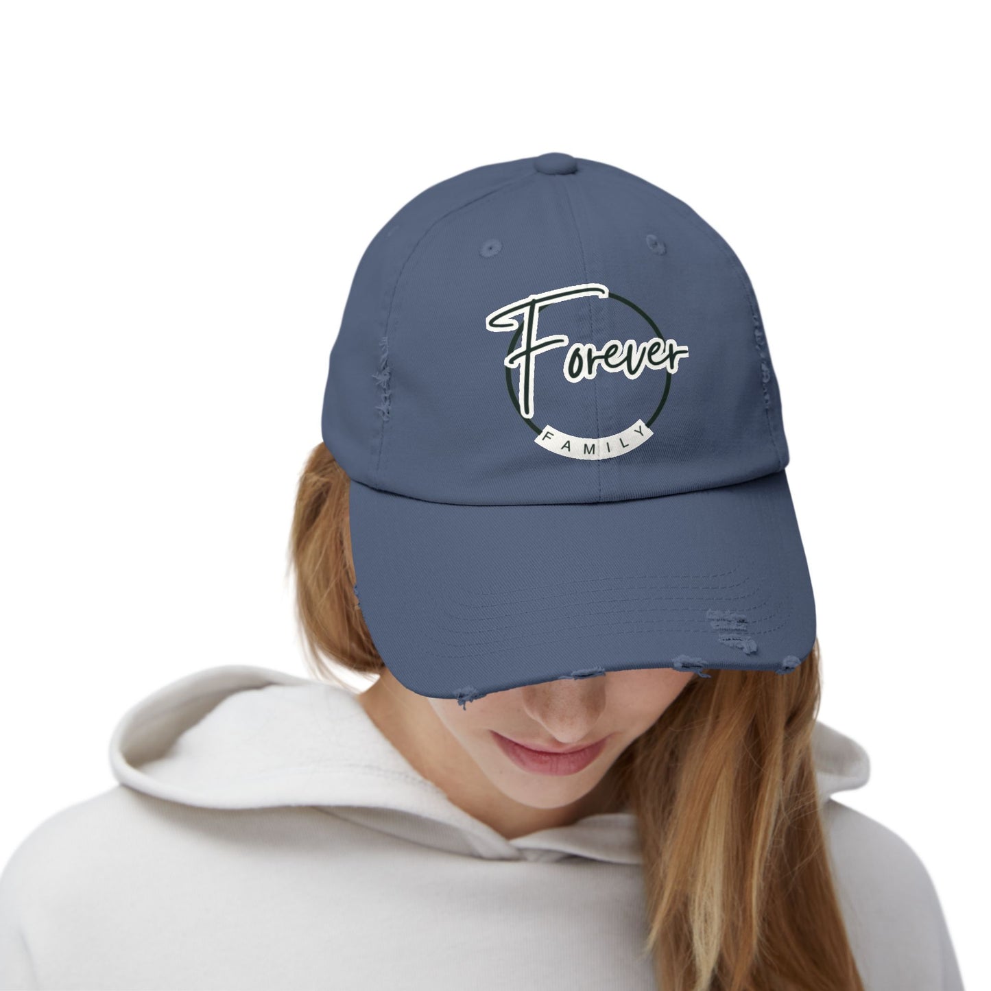 Forever Family Distressed Cap — Vintage Baseball Hat with Script Logo