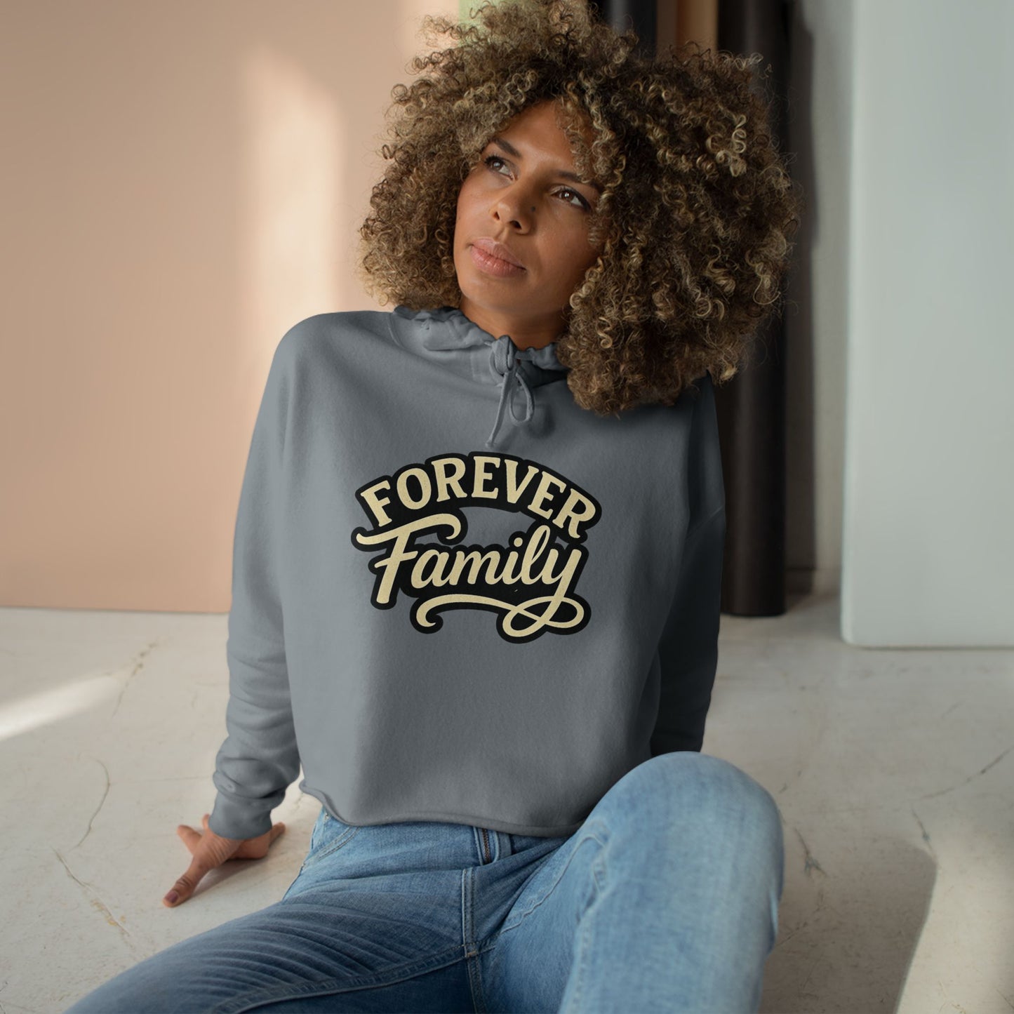 Crop Hoodie — "Forever Family" Retro Script Cropped Hoodie