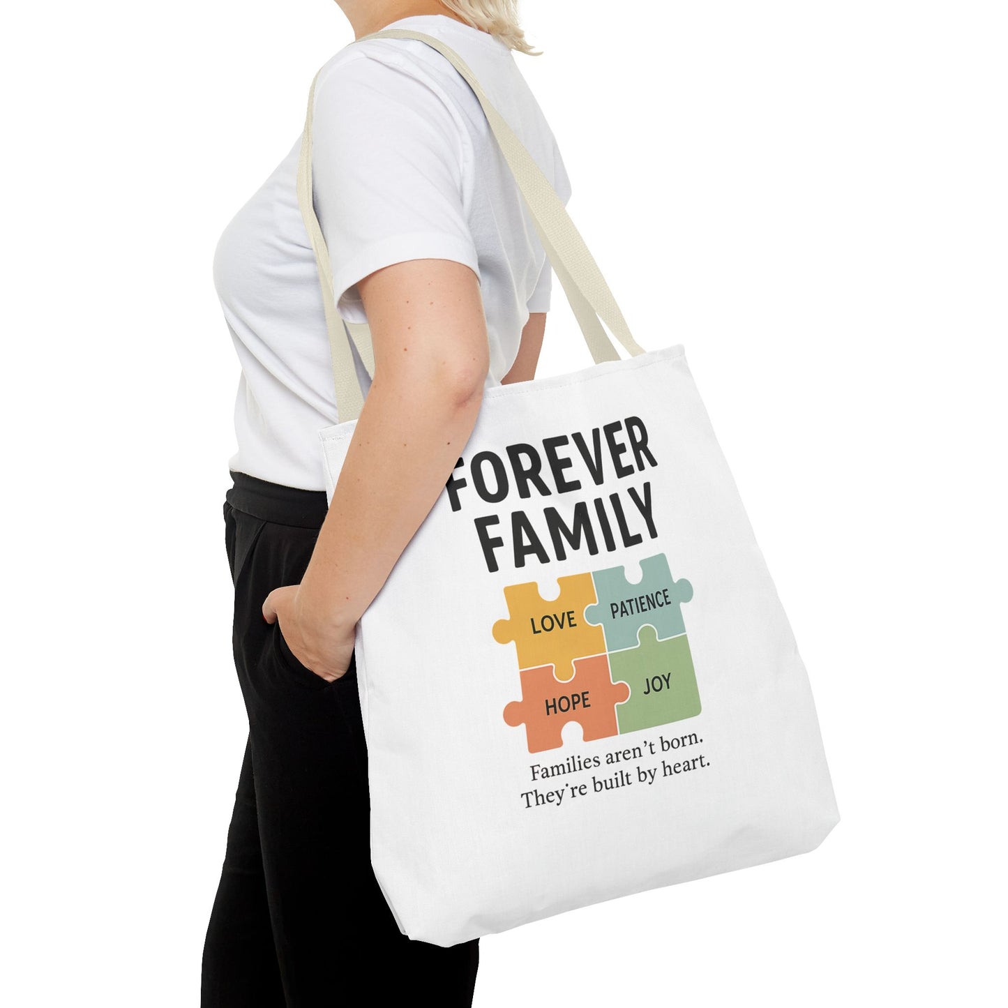 Forever Family Puzzle Piece Tote Bag - Love, Hope, Joy Design