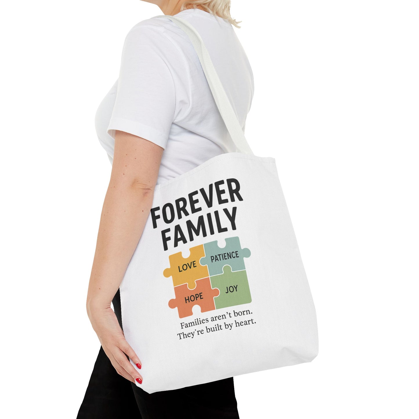 Forever Family Puzzle Piece Tote Bag - Love, Hope, Joy Design
