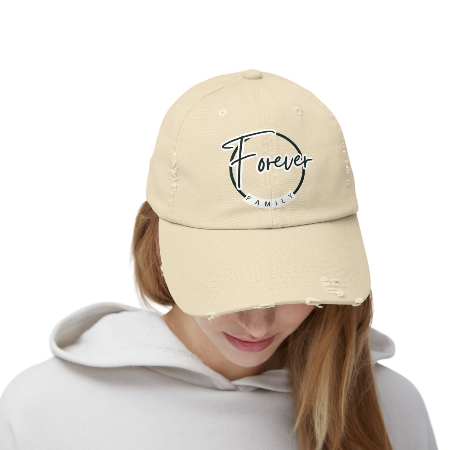 Forever Family Distressed Cap — Vintage Baseball Hat with Script Logo