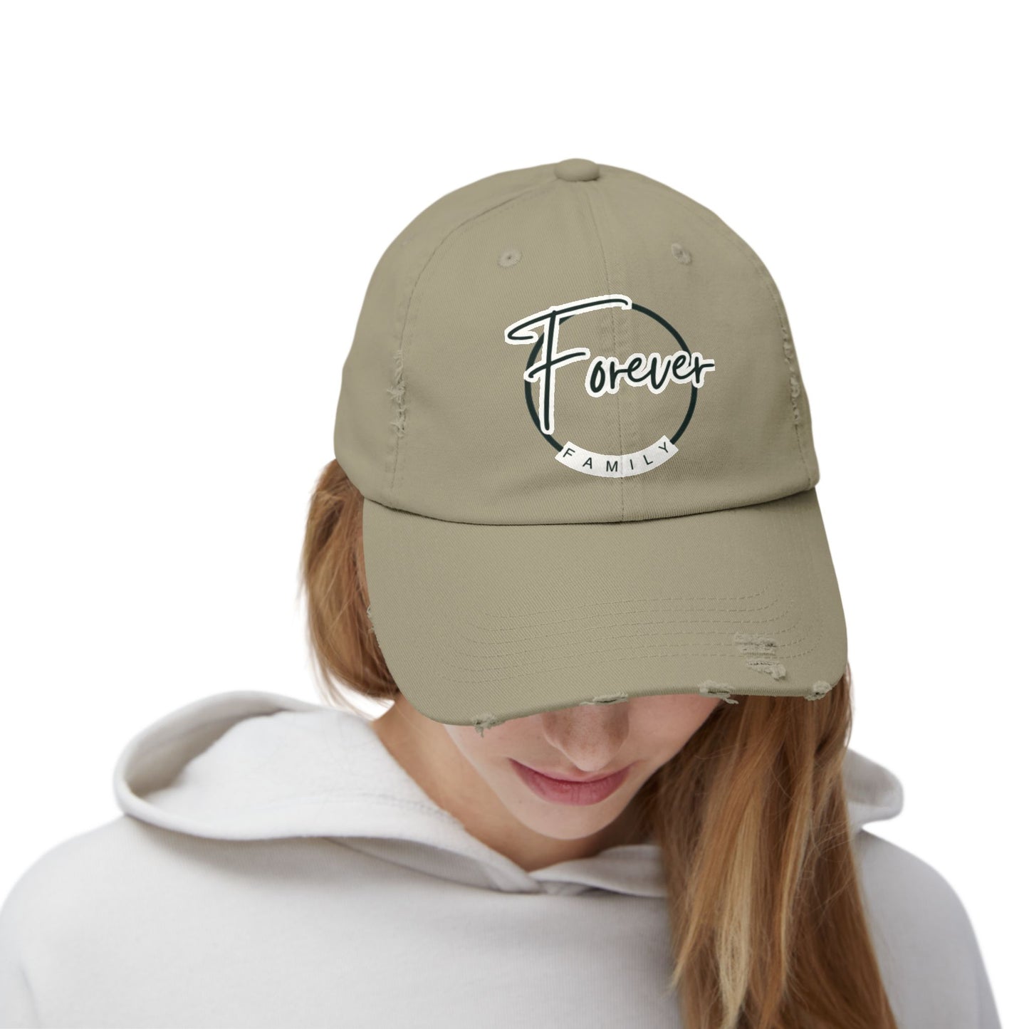 Forever Family Distressed Cap — Vintage Baseball Hat with Script Logo