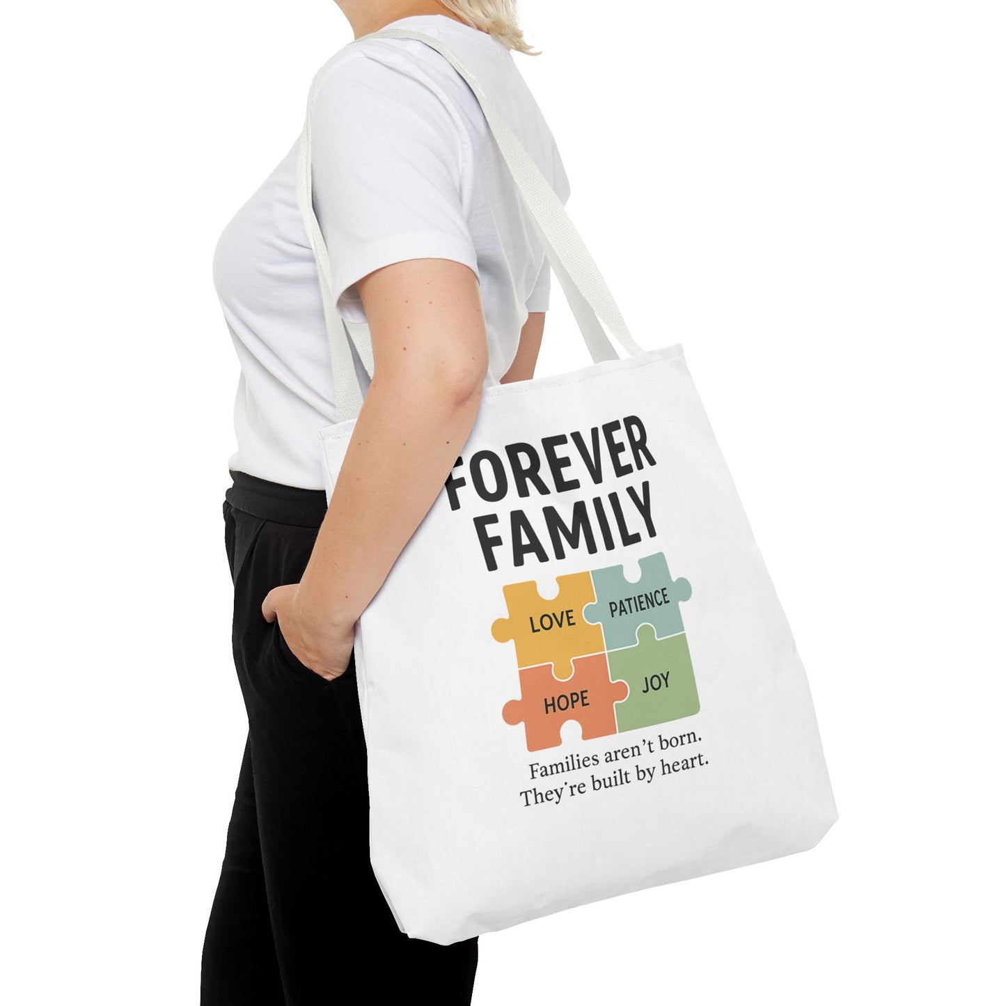 Forever Family Puzzle Piece Tote Bag - Love, Hope, Joy Design