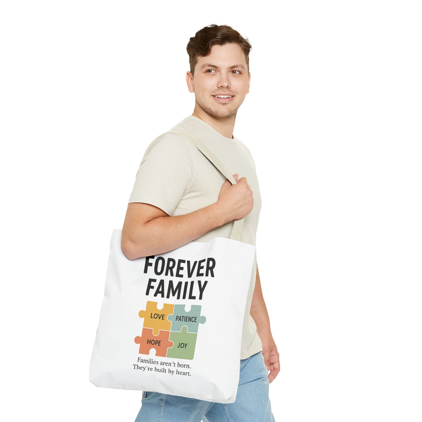 Forever Family Puzzle Piece Tote Bag - Love, Hope, Joy Design
