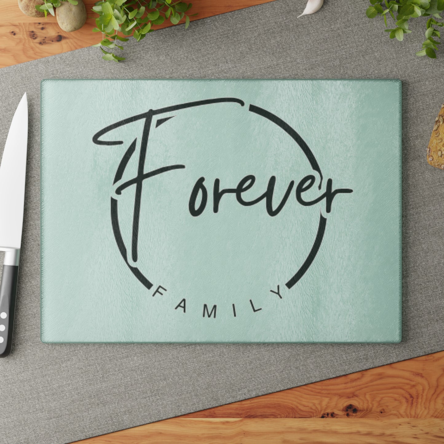 Glass Cutting Board – "Forever Family" Etched Glass Cutting Board, Pastel Kitchen Decor Gift