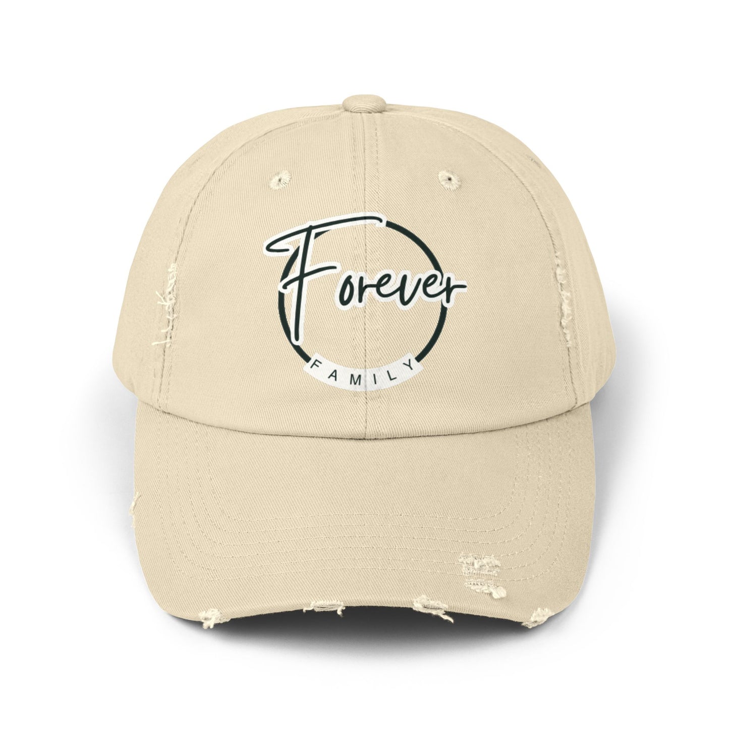 Forever Family Distressed Cap — Vintage Baseball Hat with Script Logo