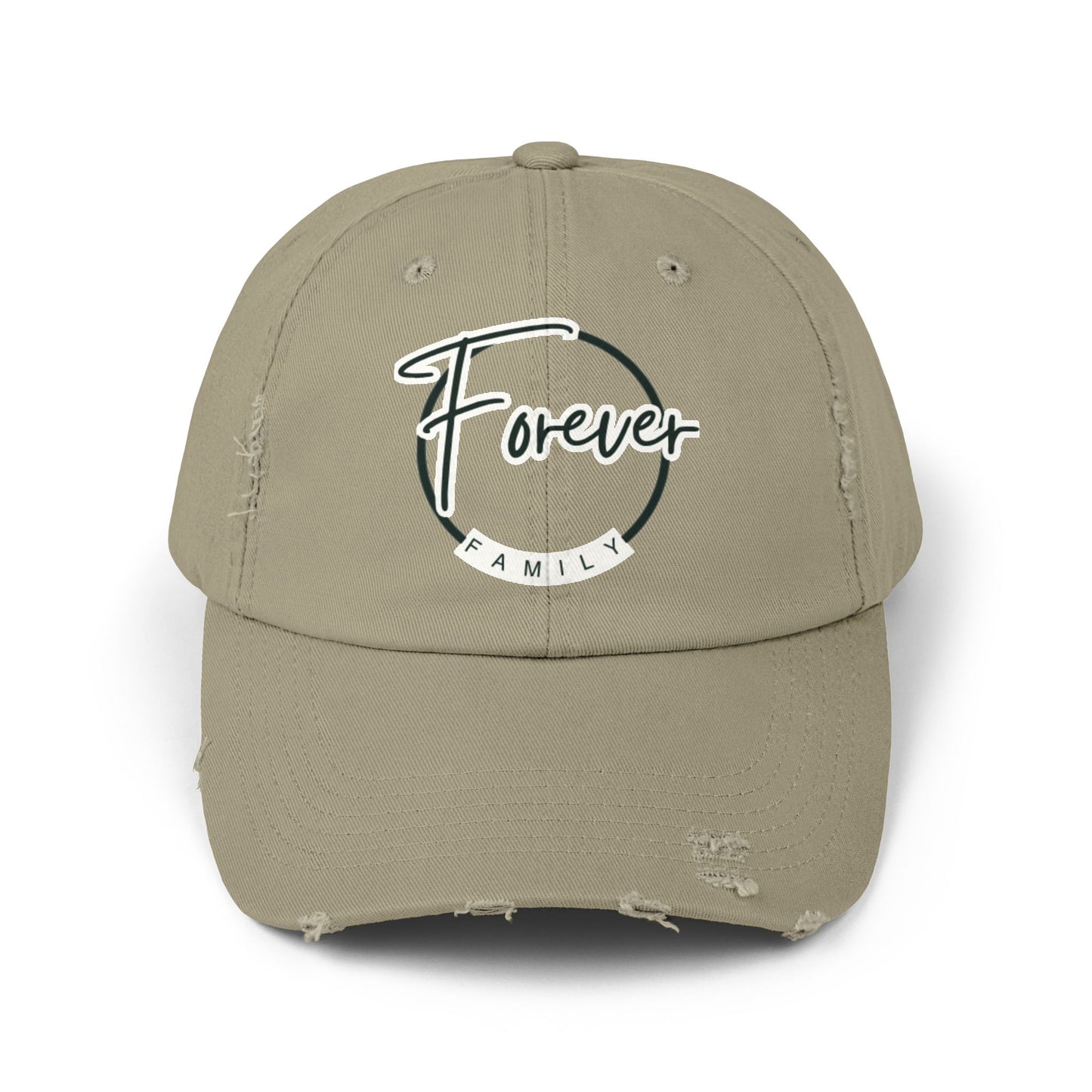 Forever Family Distressed Cap — Vintage Baseball Hat with Script Logo